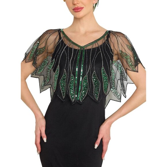 Women's Sequin Beaded 1920s Shawl Wrap Flapper Evening Party Dress Accent - Picture 1 of 6